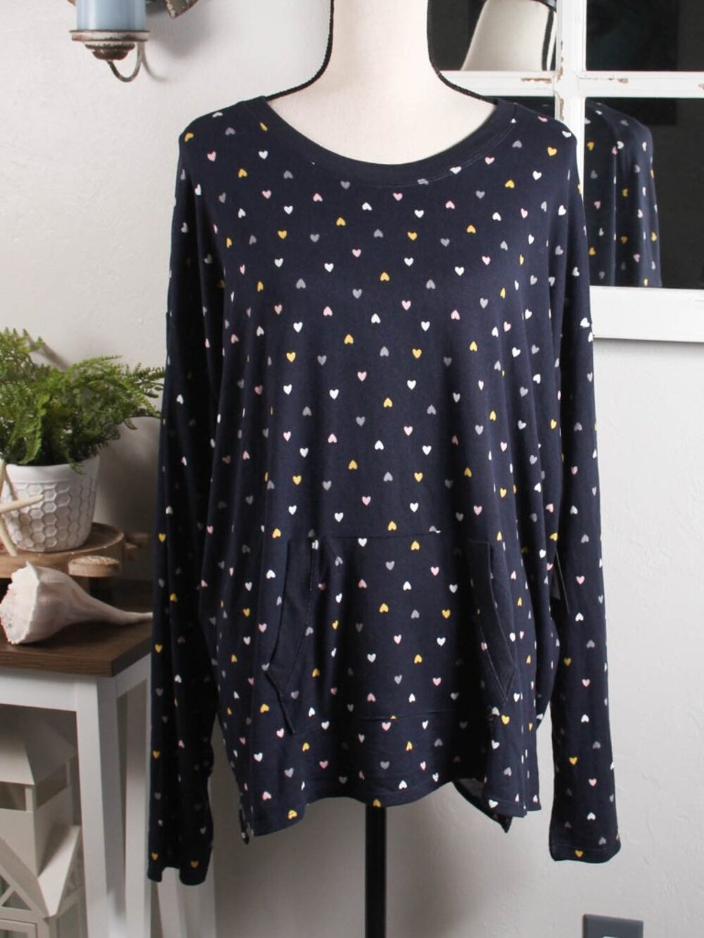 Cuddl Duds NWT Heart Print Tunic Top Navy 2X Long Sleeve